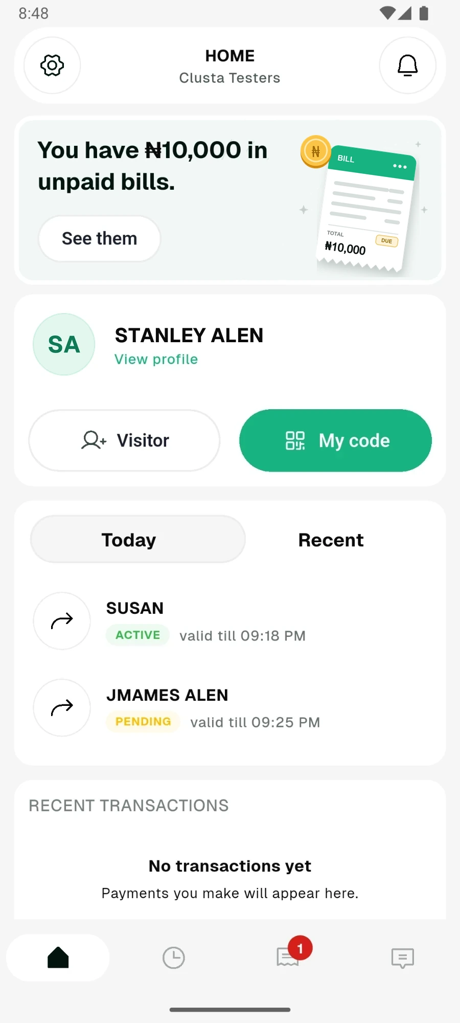 Clusta resident app home screen with unpaid bills, visitor codes and recent activity