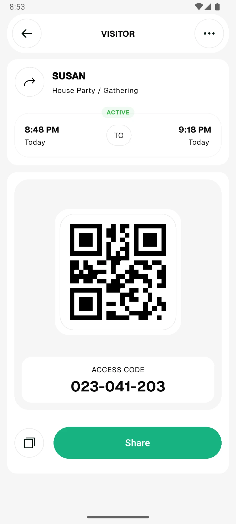 Resident app visitor pass showing an active time window, a QR code and an access code